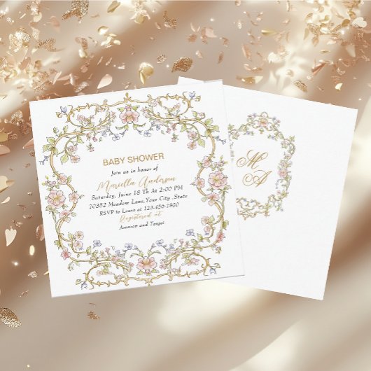 Invitation Elégant aquarelle Fleurs Rétro Baby shower cadre