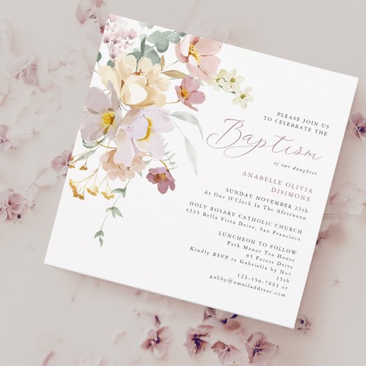 Invitation Elégant aquarelle Floral rose Baptême