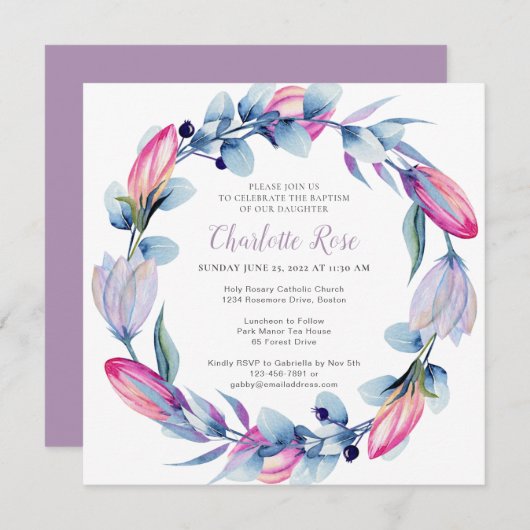 Invitation Elégant aquarelle Floral Wreath Baptisme (Devant / Derrière)