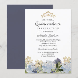 Invitation Élégant aquarelle florale bleue pour Quinceanera