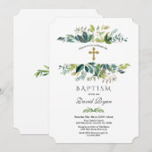 Invitation Elégant aquarelle Foliage Cadre Or Baptême (Devant / Derrière)