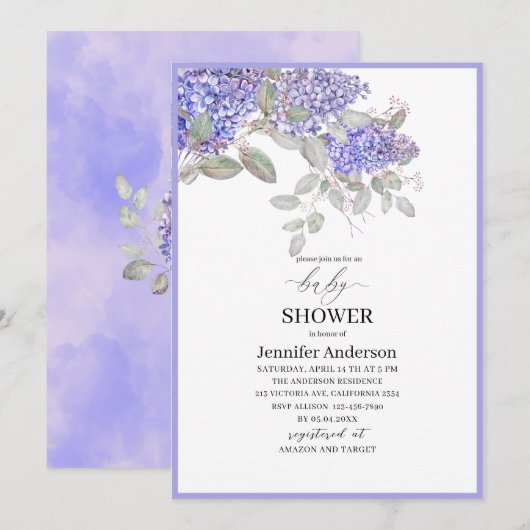 Invitation Elégant aquarelle Lilac Flowers Baby shower (Devant / Derrière)