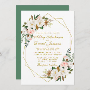 Invitation Elégant Aquarelle Magnolias Rose Mariage or