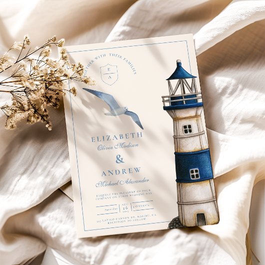 Invitation Elégant aquarelle Mariage phare nautique