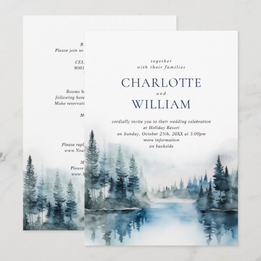 Invitation Elégant Aquarelle Montagnes Mariage forestier (Devant / Derrière)