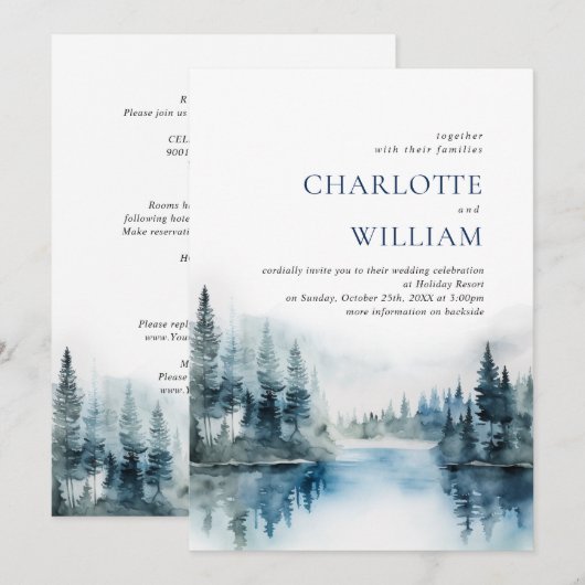 Invitation Elégant Aquarelle Montagnes Mariage forestier (Devant / Derrière)