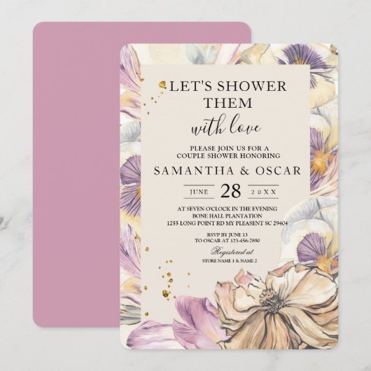 Invitation Elégant Aquarelle Pansy & Purple Flowers (Devant / Derrière)