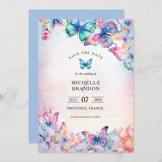 Invitation Elégant Aquarelle Papillon Fleur sauvage coloré (Devant / Derrière)