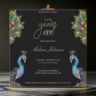 Invitation Elégant aquarelle Peacock fête de la Saint-Sylvest