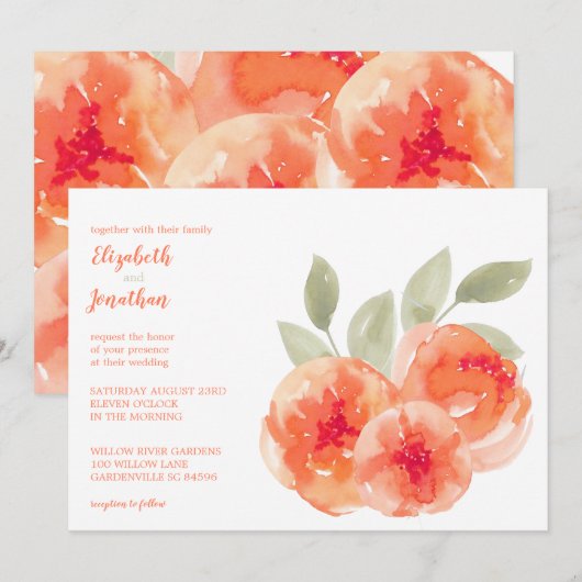 Invitation Elégant Aquarelle Pêche pivoines Floral Mariage (Devant / Derrière)