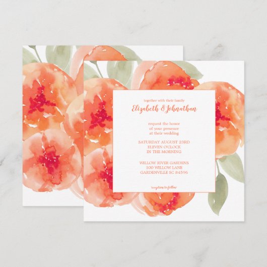 Invitation Elégant Aquarelle Pêche pivoines Floral Mariage (Devant / Derrière)