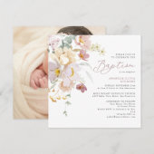 Invitation Elégant aquarelle photo florale Baptême (Devant / Derrière)