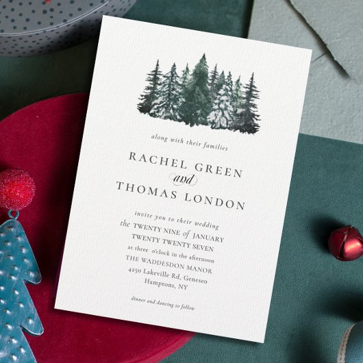 Invitation Elégant Aquarelle Pins arbres Mariage d'hiver