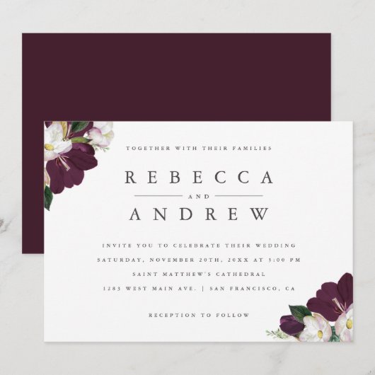 Invitation Elégant Aquarelle Plum Floral Corners Mariage (Devant / Derrière)