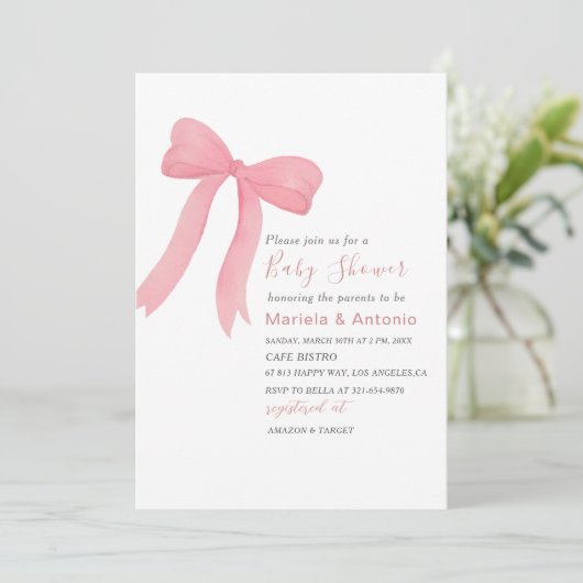 Invitation Elégant Aquarelle rose Bow Girl Baby shower (Debout devant)