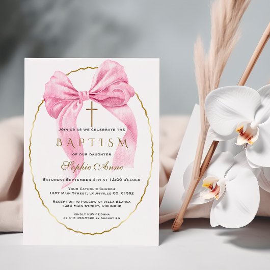 Invitation Elégant Aquarelle Rose Bow Gold Girl Baptême