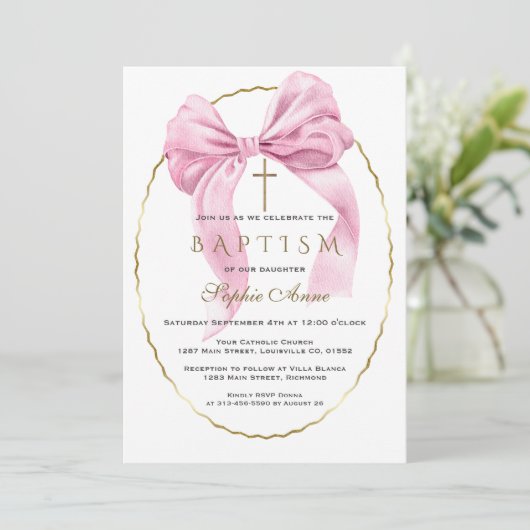 Invitation Elégant Aquarelle Rose Bow Gold Girl Baptême (Debout devant)