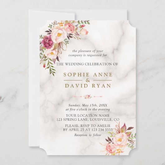 Invitation Elégant Aquarelle rose Fleurs Mariage en marbre (Devant)