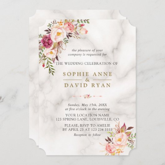 Invitation Elégant Aquarelle rose Fleurs Mariage en marbre (Devant / Derrière)