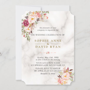 Invitation Elégant Aquarelle rose Fleurs Mariage en marbre