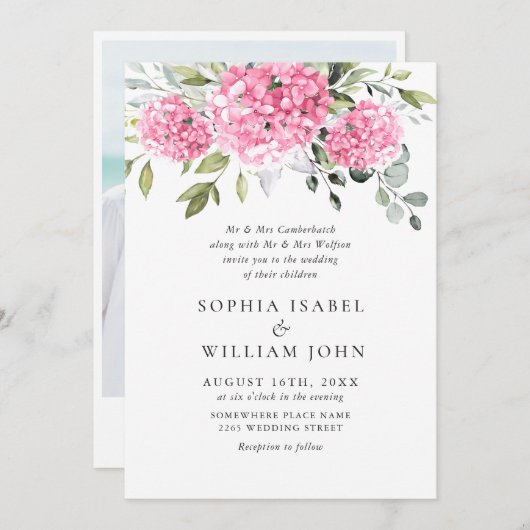 Invitation Elégant aquarelle rose Hydrangea Mariage photo (Devant / Derrière)