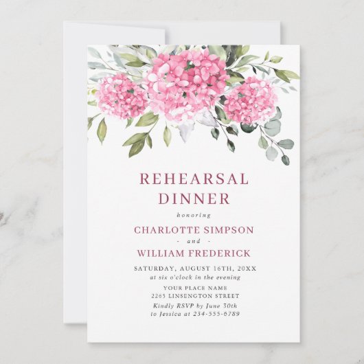 Invitation Elégant Aquarelle Rose Hydrangea Rehearsal Diner (Devant)