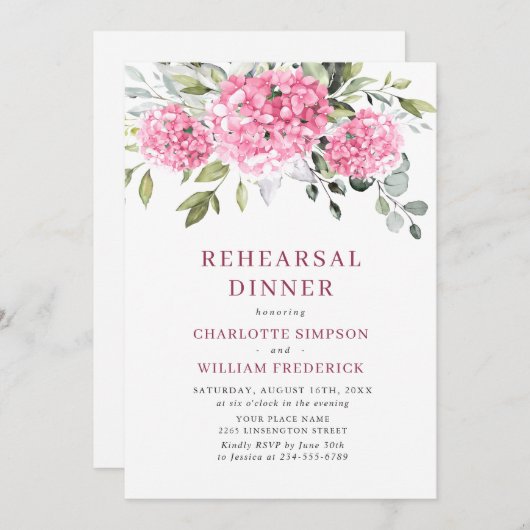 Invitation Elégant Aquarelle Rose Hydrangea Rehearsal Diner (Devant / Derrière)