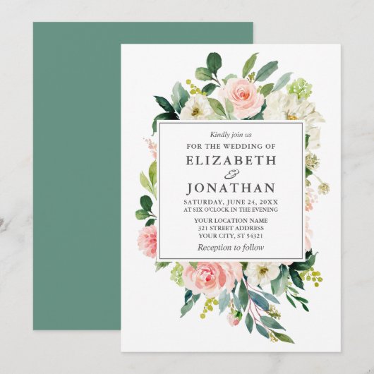 Invitation Elégant Aquarelle rose Mariage de cadre Floral (Devant / Derrière)