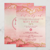 Invitation Elégant Aquarelle rose Ombre Bat mitzvah or (Devant / Derrière)
