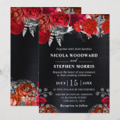 Invitation Elégant Aquarelle Rouge et Mariage Fleurs Argent (Devant / Derrière)