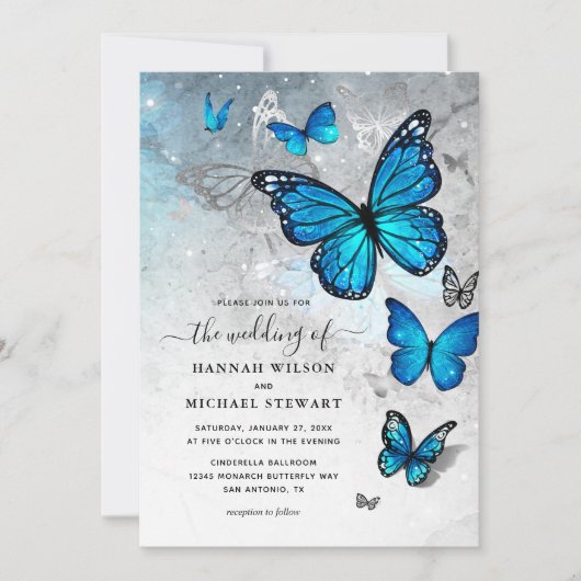 Invitation Elégant Aquarelle Silver Blue Butterfly Mariage (Devant)