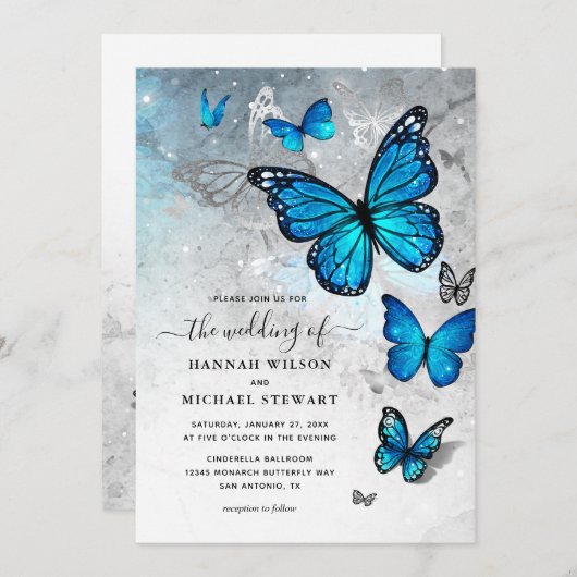 Invitation Elégant Aquarelle Silver Blue Butterfly Mariage (Devant / Derrière)