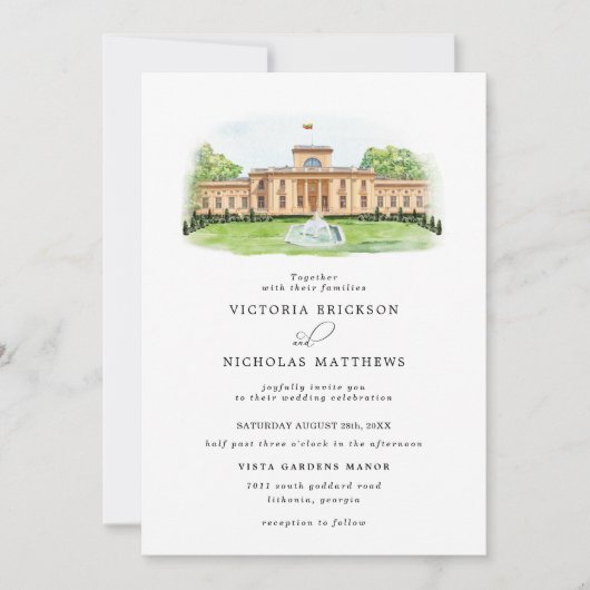 Invitation Elégant aquarelle Trakÿ Vokė Manor Mariage (Devant)