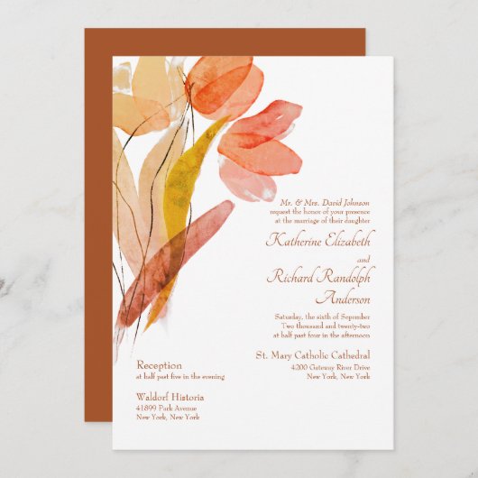 Invitation Elégant Aquarelle Tulips Mariage en terre cuite (Devant / Derrière)