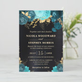 Invitation Elégant Aquarelle Turquoise et or Fleurs Mariage (Debout devant)