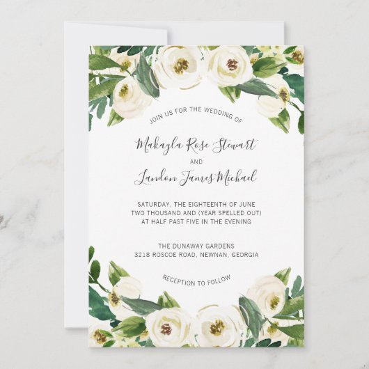 Invitation Elégant Aquarelle Verdure Blanc Floral Mariage (Devant)
