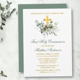 Invitation Elégant Aquarelle Verdure Communion Sage Vert