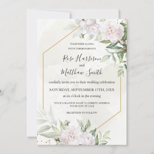 Invitation Elégant Aquarelle Verdure Fleurs blanches Mariage (Devant)