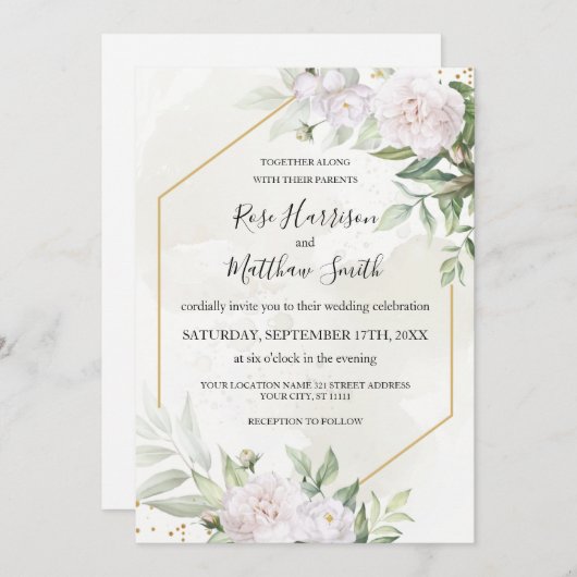 Invitation Elégant Aquarelle Verdure Fleurs blanches Mariage (Devant / Derrière)