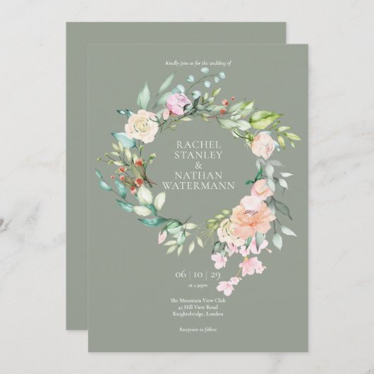 Invitation Elégant Aquarelle Verdure Floral Mariage (Devant / Derrière)