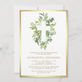 Invitation Elégant Aquarelle Verdure Or Baptême (Devant)