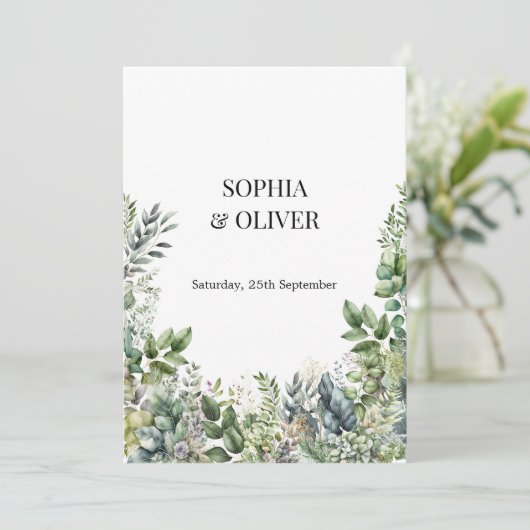 Invitation Elégant Aquarelle Vert Feuille Mariage tout en un (Debout devant)