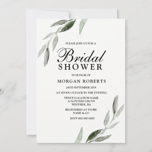 Invitation Elégant aquarelle verte Fête des mariées Invitatio (Devant)