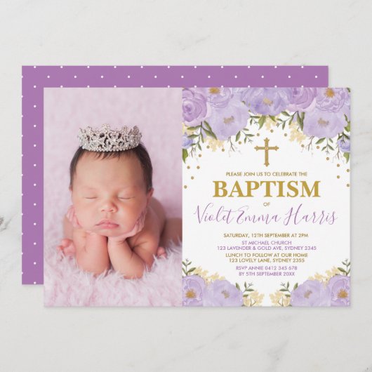 Invitation Elégant aquarelle violet floral Lavande Baptême (Devant / Derrière)