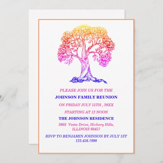 Invitation Elégant arbre coloré Réunion familiale (Devant / Derrière)