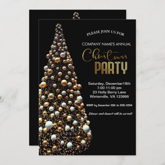 Invitation Élégant arbre de Noël doré (Devant / Derrière)