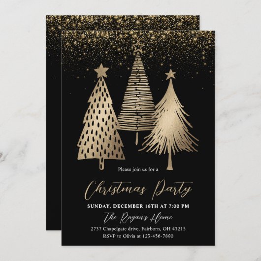 Invitation Elégant Arbre de Noël Or Parties scintillant neige (Devant / Derrière)