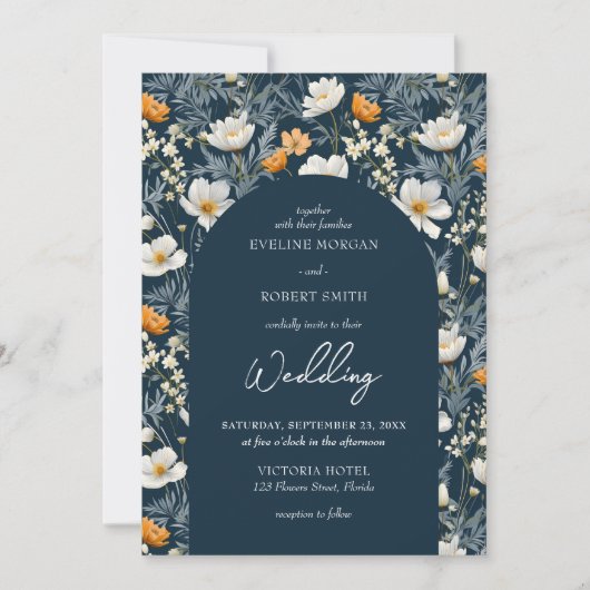 Invitation Elégant arc de marine de fleurs sauvages jaunes et (Devant)