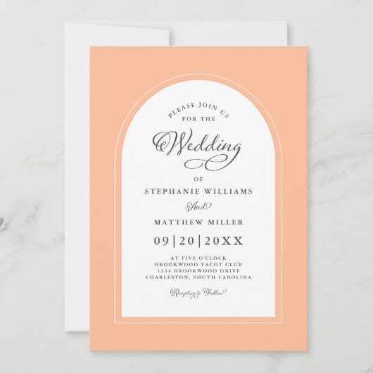 Invitation Elégant arc de pêche Moderne Calligraphie Mariage  (Devant)