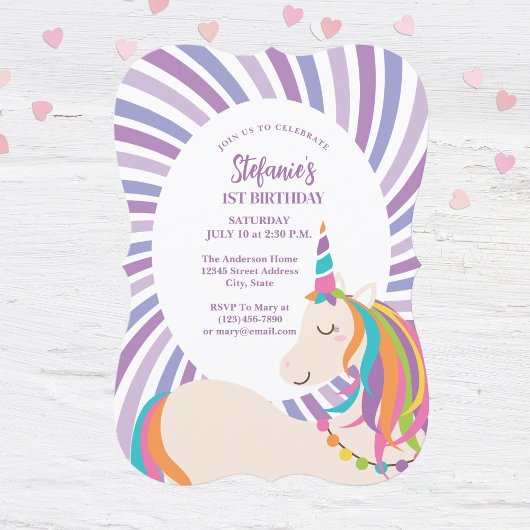 Invitation Elégant Arc-en-ciel licorne fille 1er anniversaire